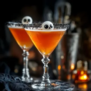 Halloween-themed orange cocktail in a martini glass, rimmed with black sugar and topped with a skull decoration.