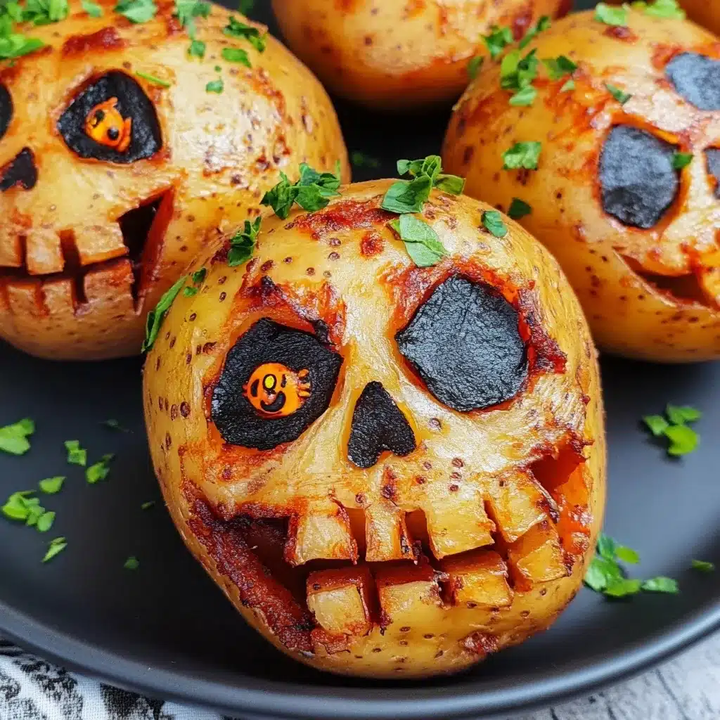 Baked potatoes carved into creepy skull faces with blackened eyes and garnished with fresh herbs, served on a black plate