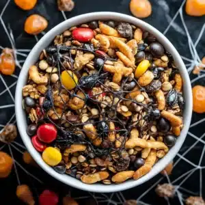 White bowl of Halloween trail mix with nuts, pretzels, candy-coated chocolates, and a decorative black spiderweb topping