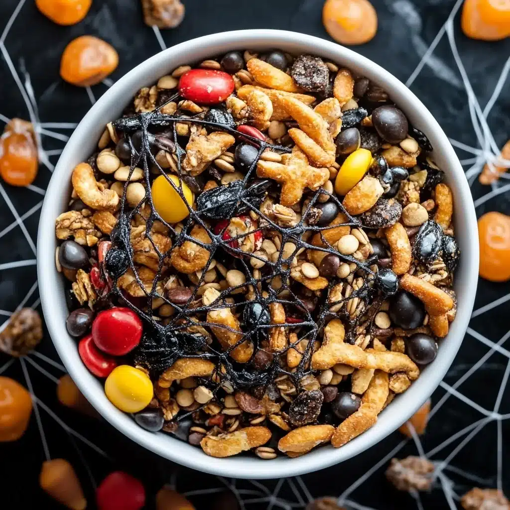 White bowl of Halloween trail mix with nuts, pretzels, candy-coated chocolates, and a decorative black spiderweb topping