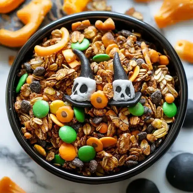 Black bowl of Halloween trail mix with granola, chocolate, colorful candies, and skull witch hat decorations