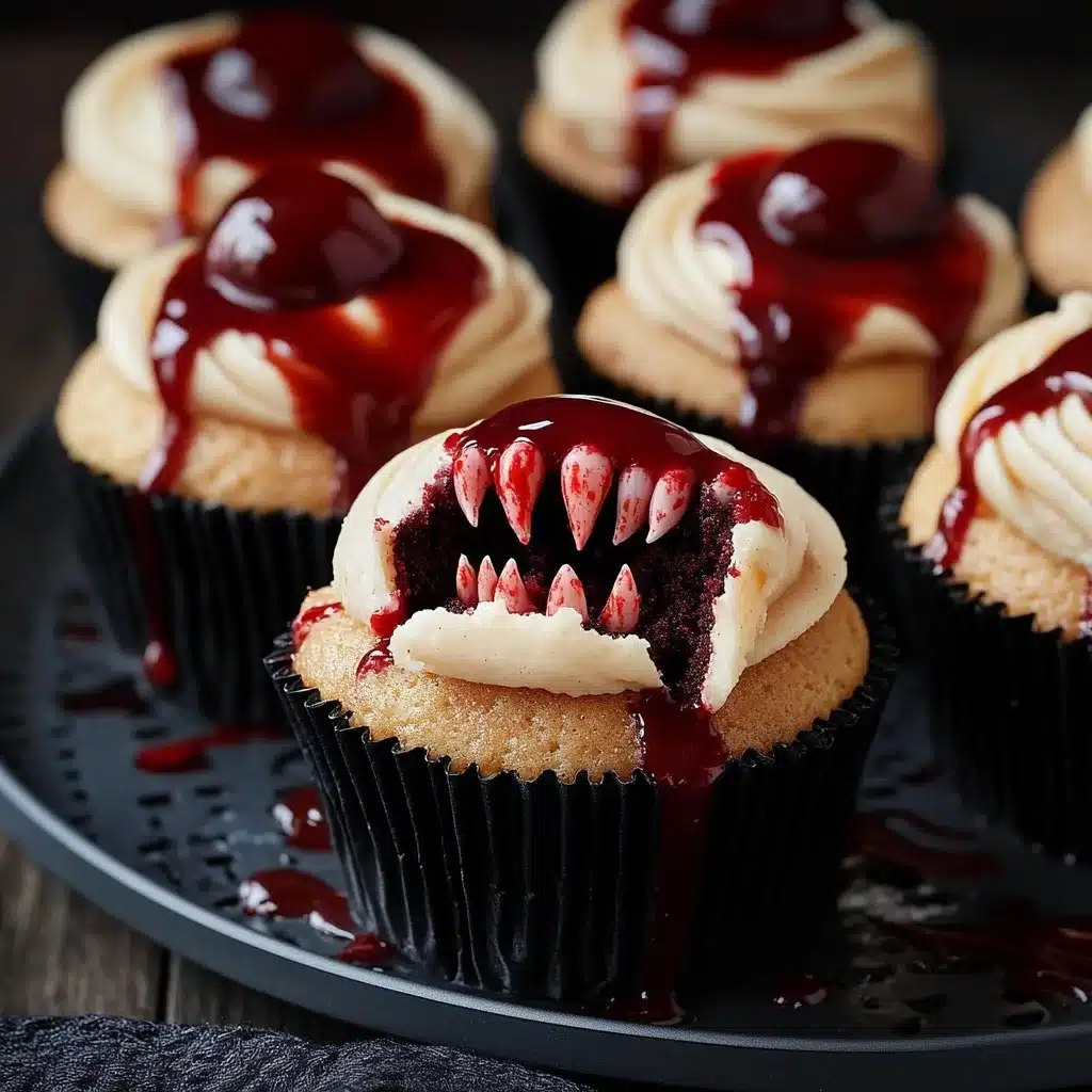 Cupcakes decorated with frosting, edible vampire fangs, and dripping red syrup for a spooky Halloween treat