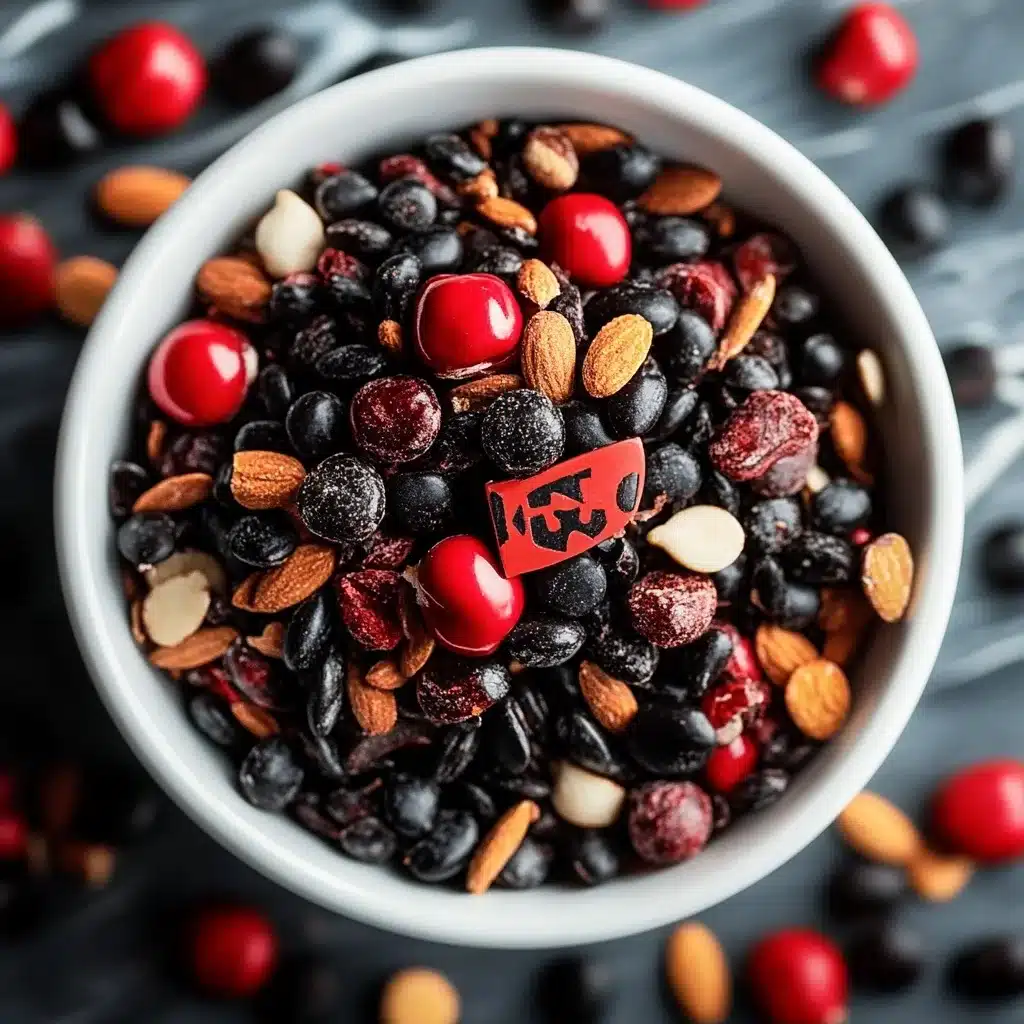 Close-up of a white bowl filled with a mix of black beans, red berries, almonds, and a decorative red token