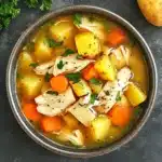 Bowl of chicken soup with tender shredded chicken, golden potatoes, carrots, and fresh herbs in a clear broth.