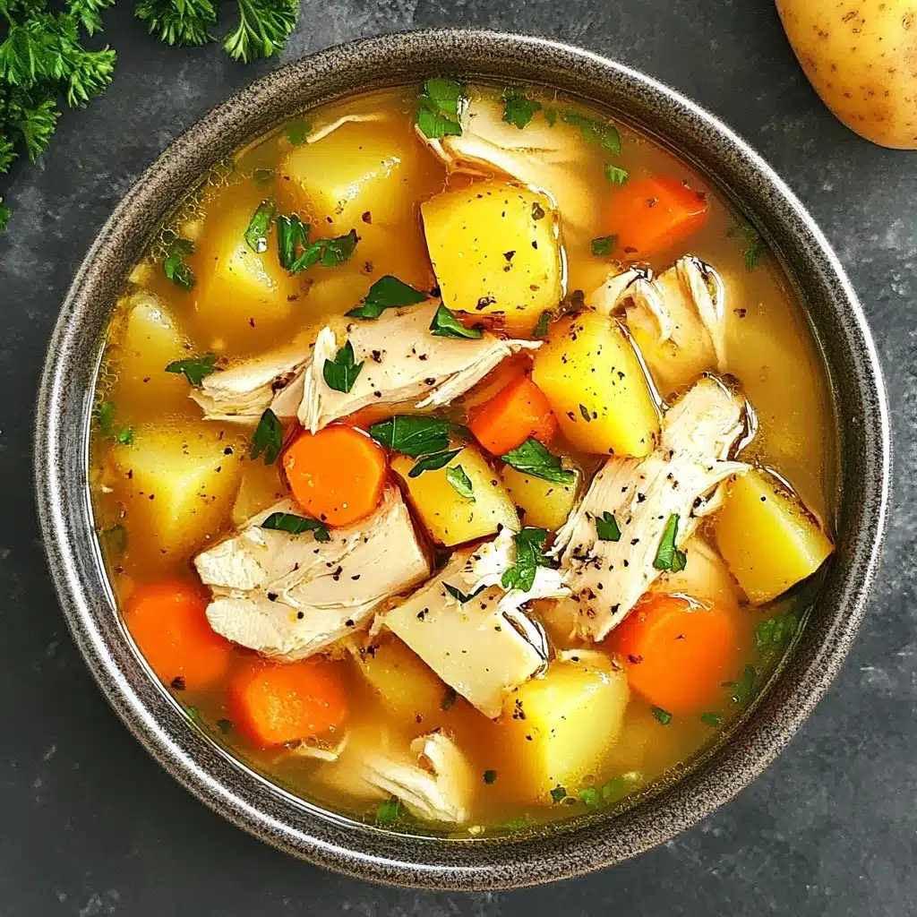 Bowl of chicken soup with tender shredded chicken, golden potatoes, carrots, and fresh herbs in a clear broth.