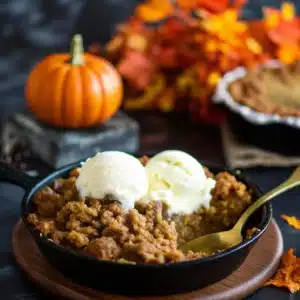 Pumpkin crisp served in a mini cast iron skillet with two scoops of vanilla ice cream, surrounded by fall leaves and a mini pumpkin