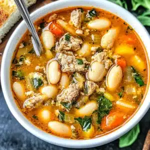 A bowl of hearty Italian sausage and white bean soup with carrots, onions, greens, and a savory broth.