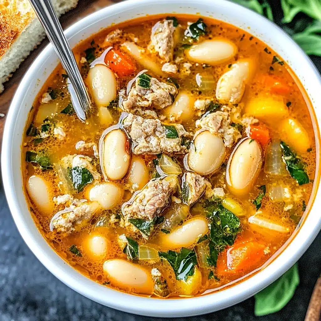 A bowl of hearty Italian sausage and white bean soup with carrots, onions, greens, and a savory broth.