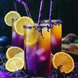 Vibrant layered cocktail in a tall glass featuring a purple and yellow gradient, garnished with lemon slices, purple straw, and a lavender sugar rim.