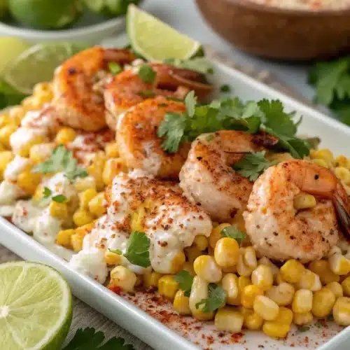 Grilled shrimp served on a bed of creamy Mexican street corn, garnished with fresh cilantro, lime wedges, and chili seasoning