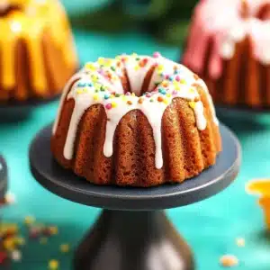 Mini bundt cake topped with white icing and colorful rainbow sprinkles, displayed on a dark pedestal stand against a turquoise background.