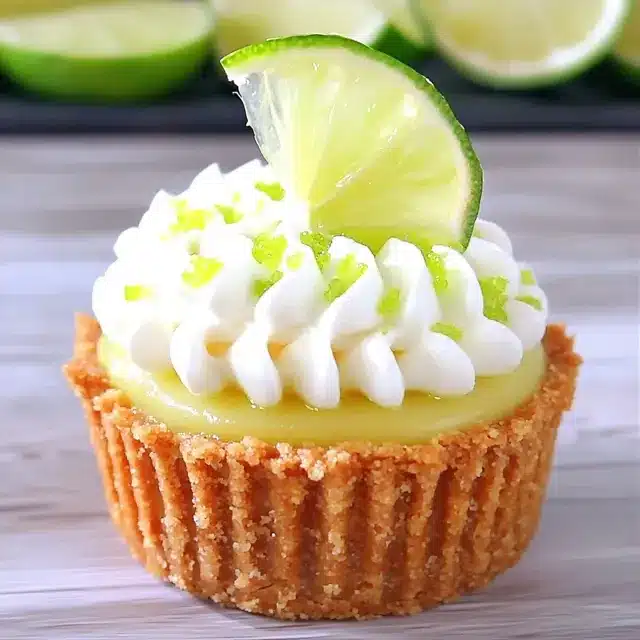 Mini key lime pie cupcake topped with piped whipped cream, lime zest, and a fresh lime wedge, in a graham cracker crust on a light wood surface.