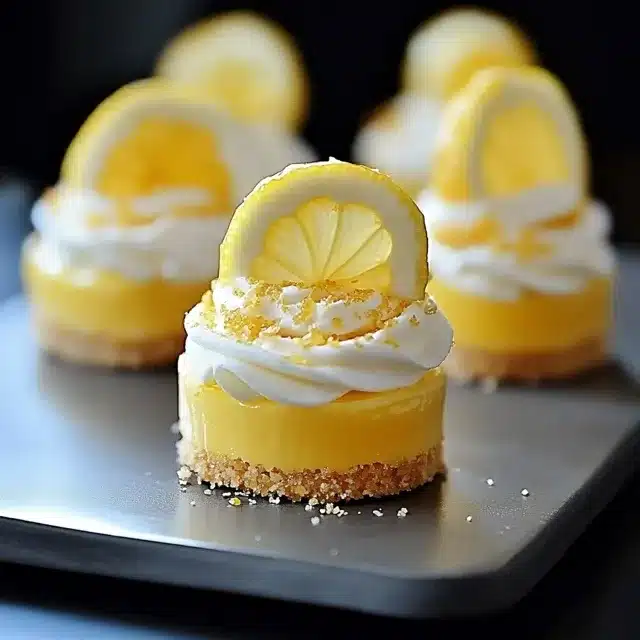 Small lemon cheesecake bites topped with whipped cream, golden sugar sprinkles, and fresh lemon slices on a dark tray.