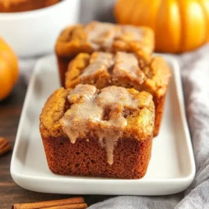 Mini pumpkin bread loaves topped with a drizzled cinnamon sugar glaze, served on a white rectangular plate with cinnamon sticks and pumpkins in the background.