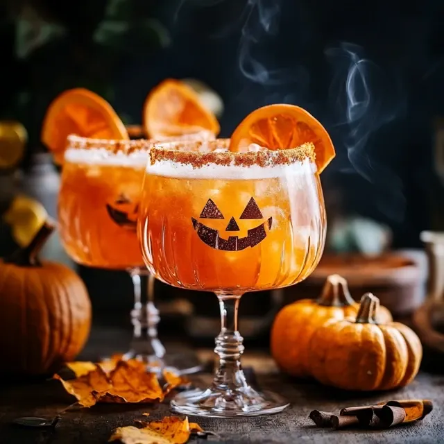 Halloween cocktail served in a pumpkin-decorated glass with an orange slice garnish and spiced sugar rim, surrounded by mini pumpkins and autumn leaves.