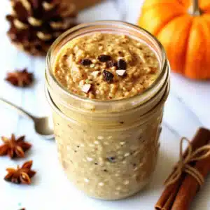 Mason jar filled with creamy pumpkin spice oatmeal topped with raisins and nuts, surrounded by cinnamon sticks, star anise, and a small pumpkin