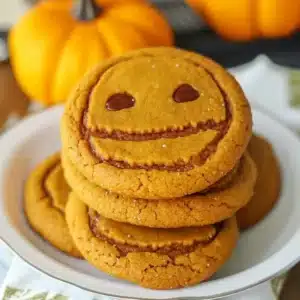 Stack of pumpkin spice cookies with chocolate smiley faces on a white plate, with mini pumpkins in the background