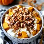 Creamy pumpkin yogurt bowl topped with granola, candied pecans, vanilla yogurt drizzle, and cinnamon-dusted pumpkin cubes in a speckled ceramic bowl.