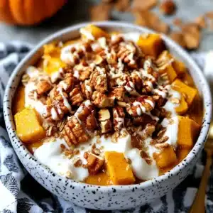 Creamy pumpkin yogurt bowl topped with granola, candied pecans, vanilla yogurt drizzle, and cinnamon-dusted pumpkin cubes in a speckled ceramic bowl.