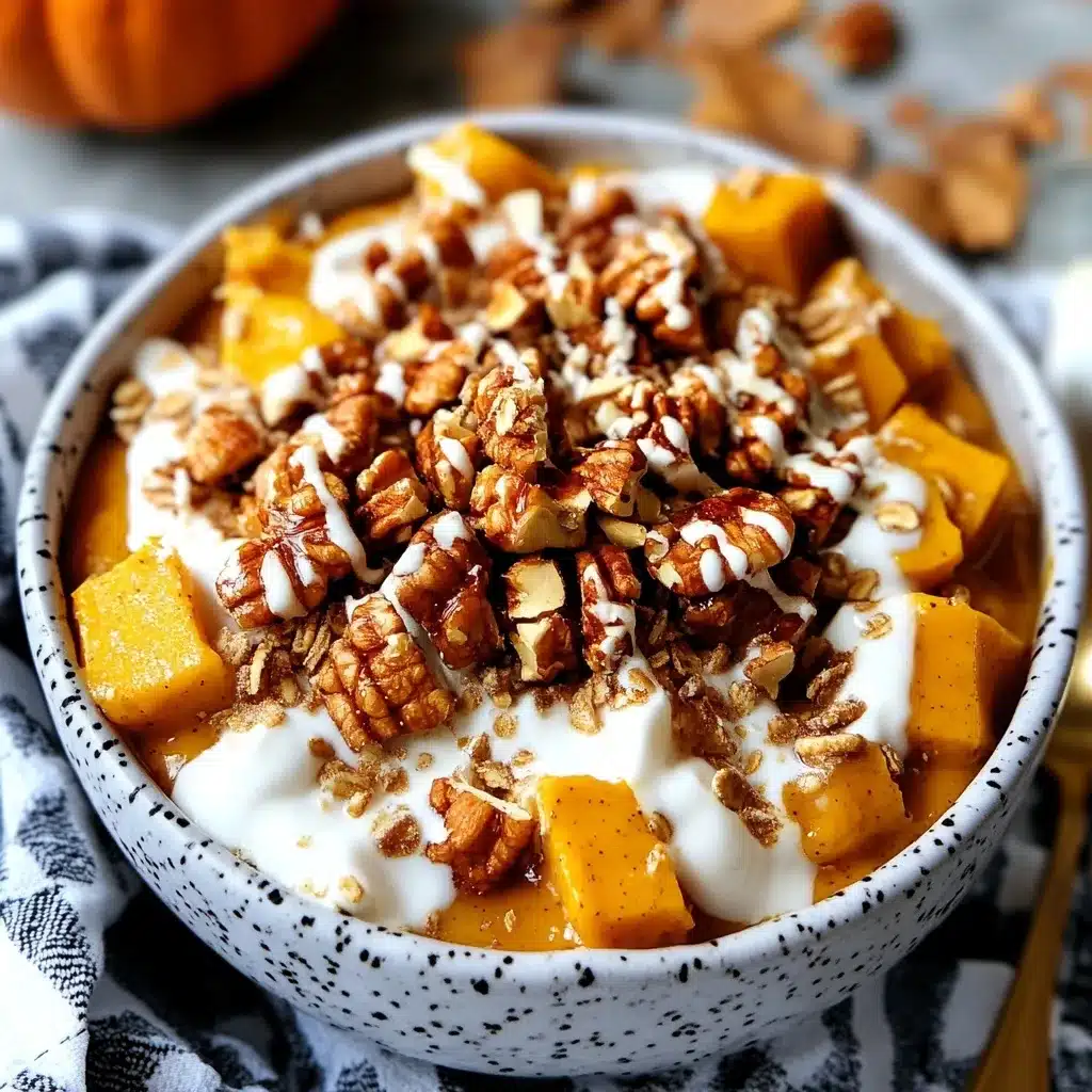 Creamy pumpkin yogurt bowl topped with granola, candied pecans, vanilla yogurt drizzle, and cinnamon-dusted pumpkin cubes in a speckled ceramic bowl.