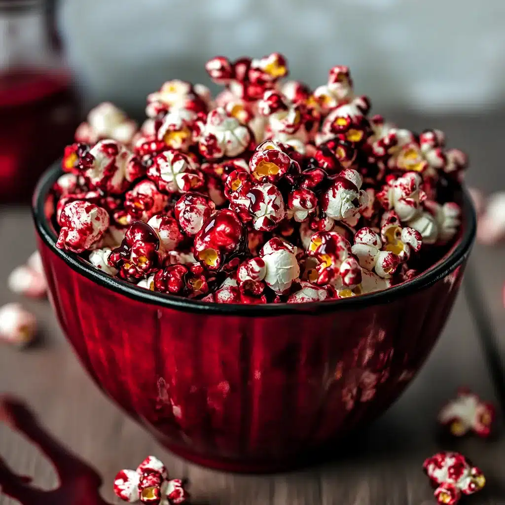 Close-up of red candy-coated popcorn in a glossy red ceramic bowl on a wooden table