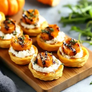 Mini puff pastry tarts topped with creamy goat cheese, roasted butternut squash rounds, fresh herbs, and a balsamic glaze on a wooden board.