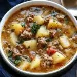 Close-up of a bowl filled with hearty sausage and potato soup, featuring ground sausage, diced potatoes, tomatoes, and fresh herbs in a flavorful broth.