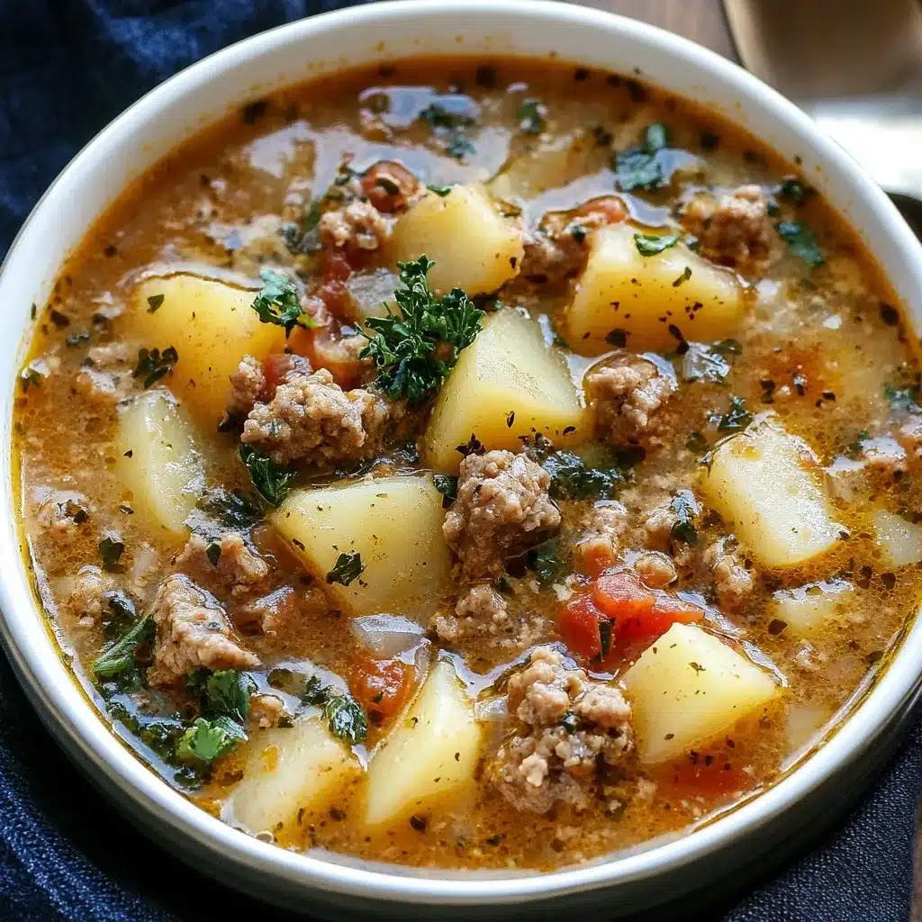 Close-up of a bowl filled with hearty sausage and potato soup, featuring ground sausage, diced potatoes, tomatoes, and fresh herbs in a flavorful broth.