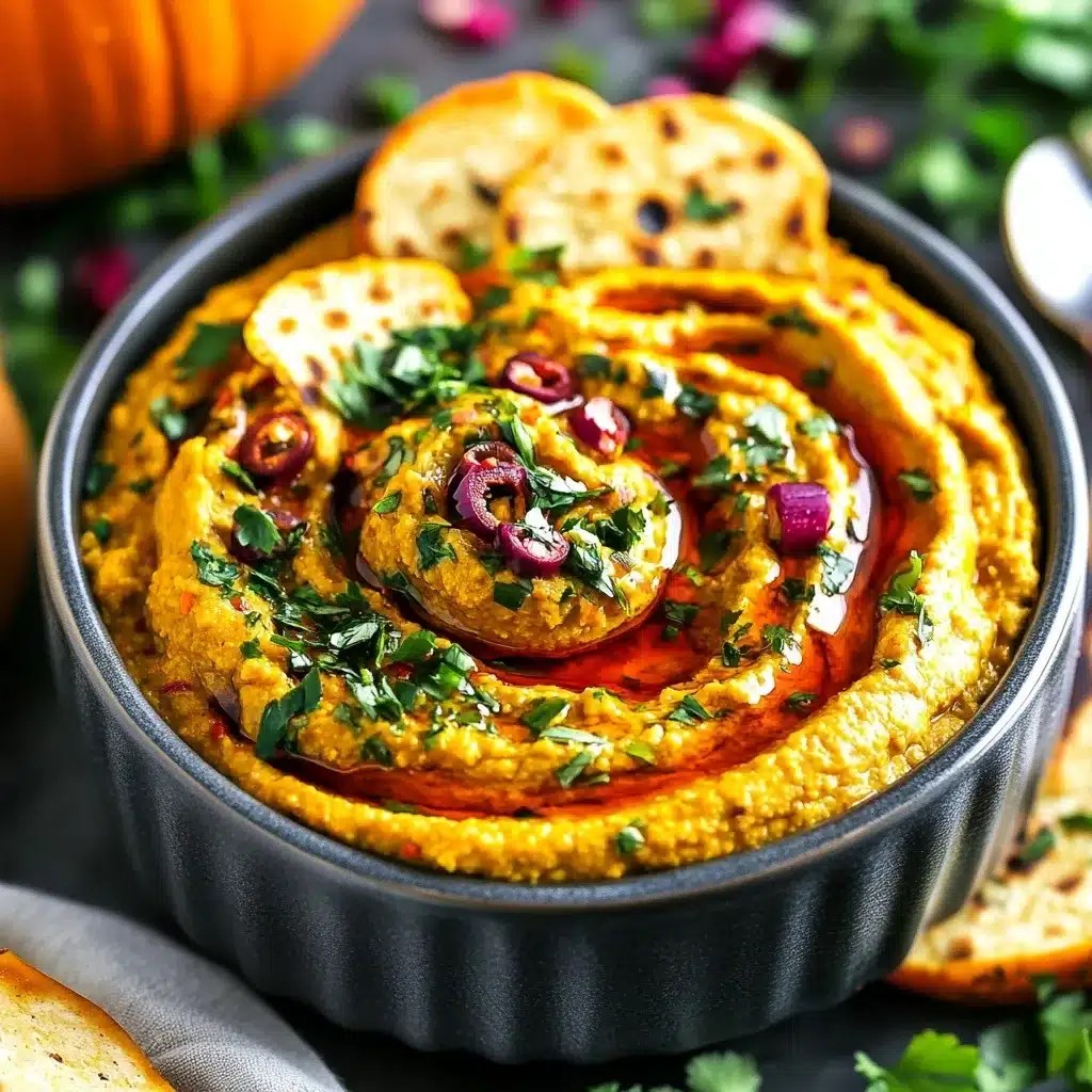 A black bowl filled with creamy roasted pumpkin hummus, topped with olive oil, sliced black olives, fresh herbs, and served with toasted crackers.