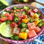 A vibrant bowl of watermelon cucumber salad with yellow bell peppers, jalapeño slices, red onion, fresh herbs, and lime wedges.