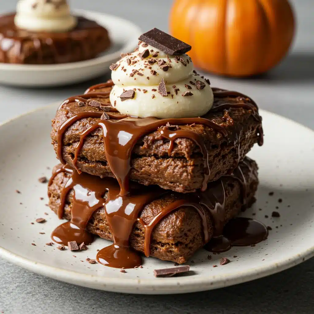 Stack of chocolate pumpkin waffles topped with whipped cream, chocolate shavings, and ganache drizzle, with a small pumpkin in the background