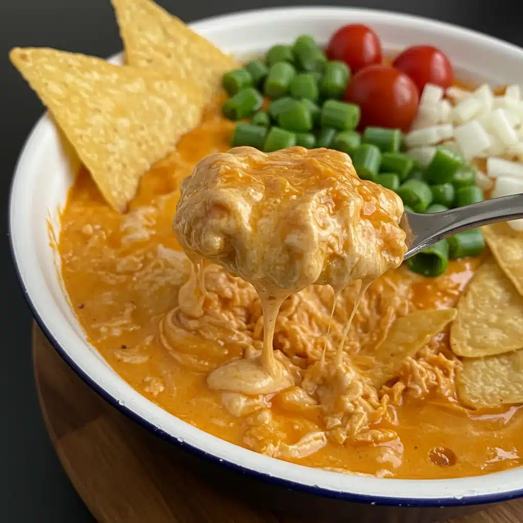 Spoonful of cheesy buffalo chicken dip lifted from a bowl, served with tortilla chips, chopped green onions, cherry tomatoes, and diced white onion