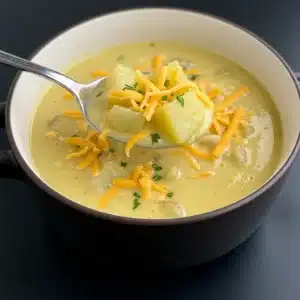 Close-up of creamy potato soup in a black bowl, topped with shredded cheddar cheese and chopped herbs