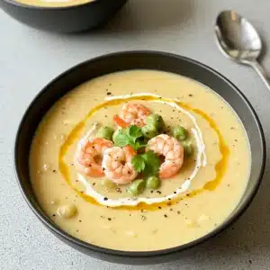 A bowl of creamy shrimp soup with green peas, garnished with shrimp, cilantro, cream, olive oil, and black pepper.