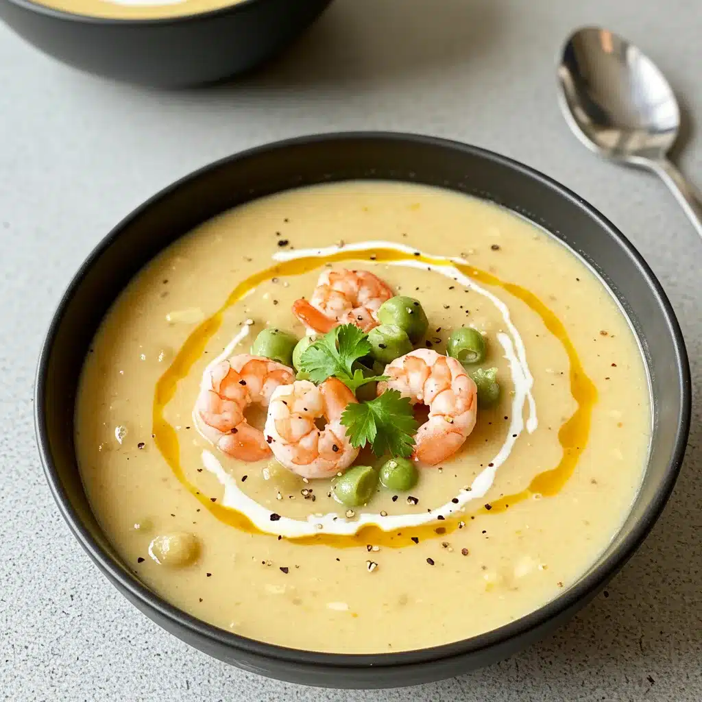 A bowl of creamy shrimp soup with green peas, garnished with shrimp, cilantro, cream, olive oil, and black pepper.