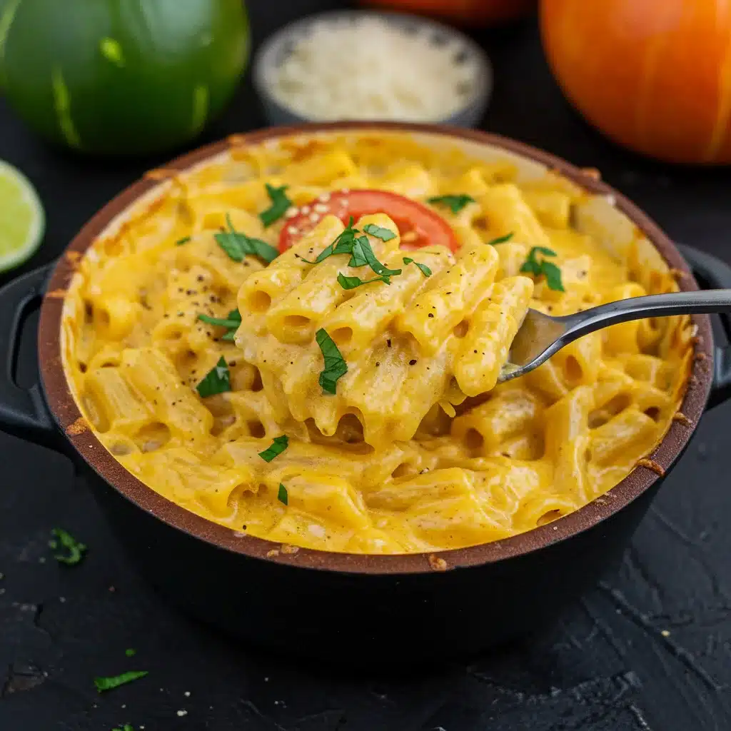 A black bowl filled with creamy pumpkin mac and cheese, garnished with chopped herbs and black pepper.