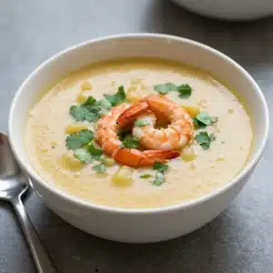 Bowl of creamy shrimp soup topped with cooked shrimp, diced potatoes, and fresh cilantro leaves.