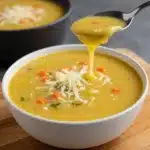 Bowl of creamy vegetable soup with diced carrots, melted cheese, and herbs, with a spoon lifting a scoop