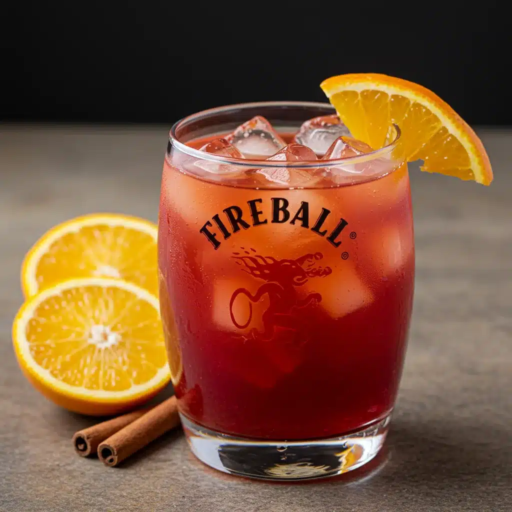 Chilled Fireball cocktail served in a glass with an orange slice garnish, surrounded by orange halves and cinnamon sticks