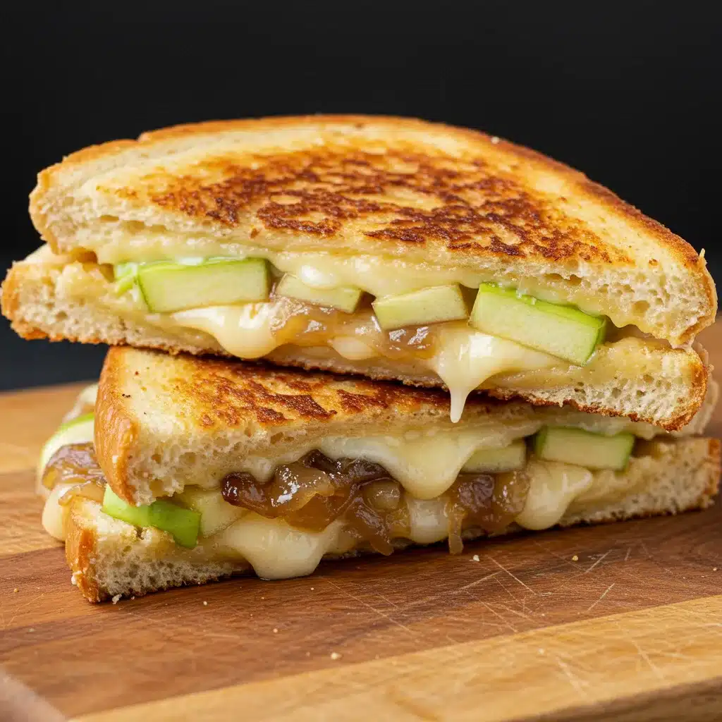 Golden grilled cheese sandwich with melted cheese, green apple slices, and caramelized onions on a wooden board.