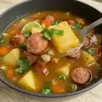 Close-up of a spoonful of sausage and potato soup with carrots, herbs, and a rich broth in a black bowl.sausage potato soup