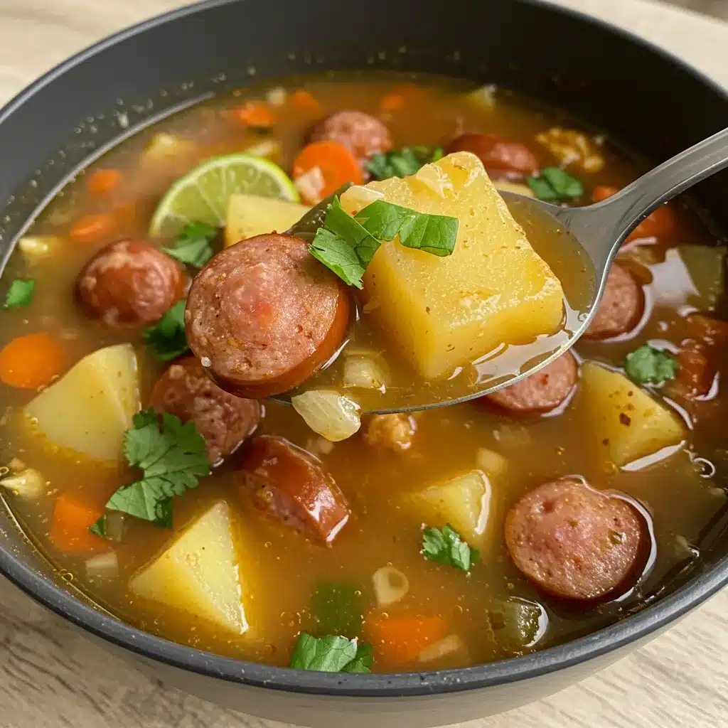Close-up of a spoonful of sausage and potato soup with carrots, herbs, and a rich broth in a black bowl.sausage potato soup