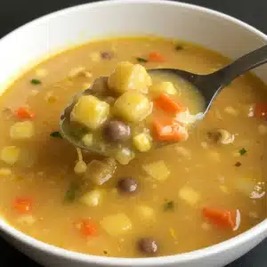 Close-up of hearty vegetable soup with diced potatoes, corn, carrots, and beans in a golden broth