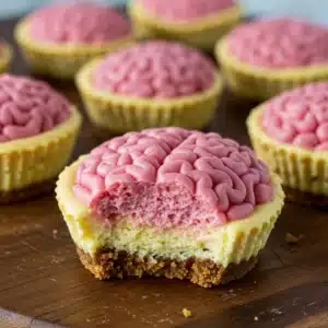 Halloween-themed mini cheesecake cupcake with pink brain frosting, graham cracker crust, and a bite taken out.