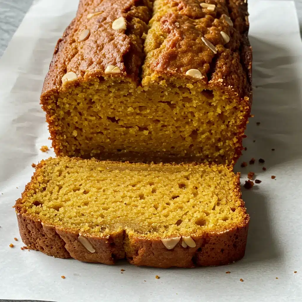 A sliced loaf of golden-brown homemade pumpkin bread topped with slivered almonds, resting on parchment paper.