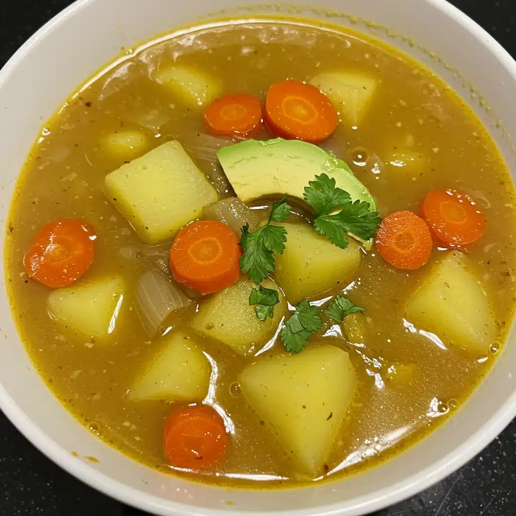 Bowl of potato and carrot soup with onion, avocado slice, and fresh cilantro in a golden broth