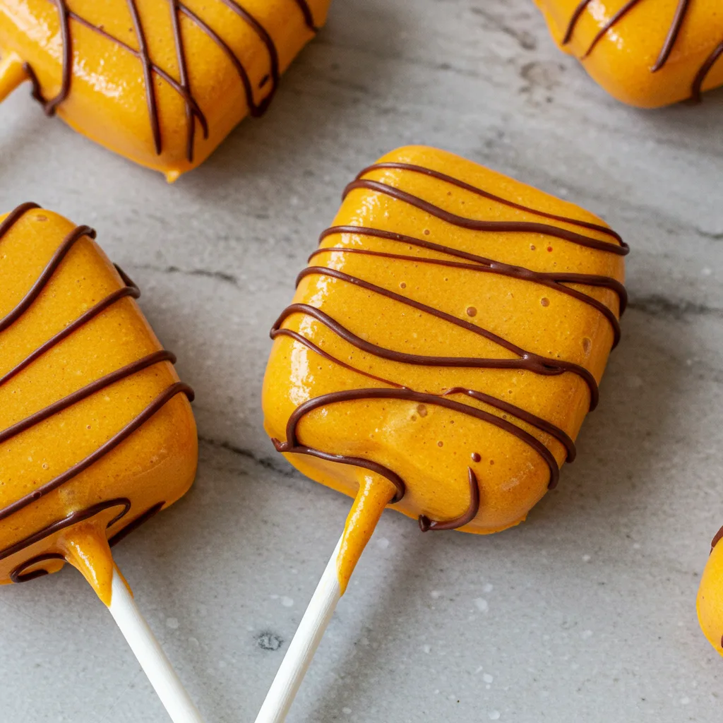 Pumpkin-colored cake pops decorated with chocolate drizzle on sticks, displayed on a marble surface.