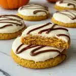 Frosted pumpkin cookies topped with cream cheese icing and chocolate drizzle, with one cookie showing a moist interior.
