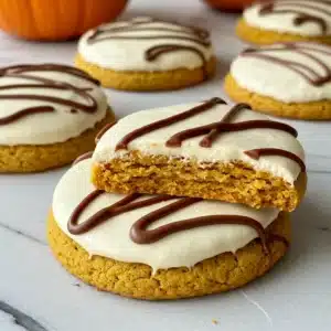 Frosted pumpkin cookies topped with cream cheese icing and chocolate drizzle, with one cookie showing a moist interior.
