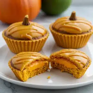 Pumpkin-shaped cupcakes with orange frosting and creamy filling, served on a white plate.